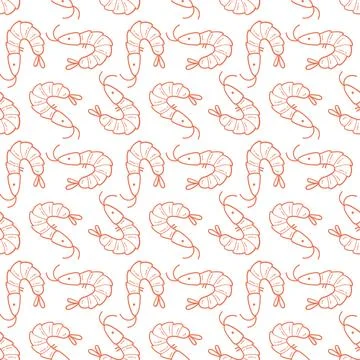 Seamless Hand Drawn Shrimp Pattern with Seafood Outline Illustration Stock Illustration