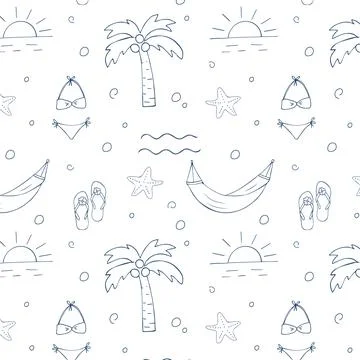 Seamless hand-drawn summer vacation pattern featuring palm trees, bikinis, .. Stock Illustration