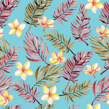 Seamless hand drawn tropical pattern with exotic palm leaves and plume Stock Illustration
