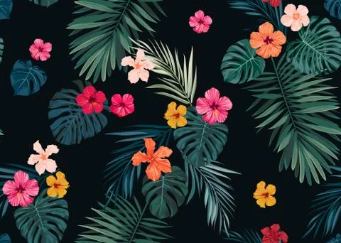 Seamless hand drawn tropical vector pattern with bright hibiscus flowers and Stock Illustration