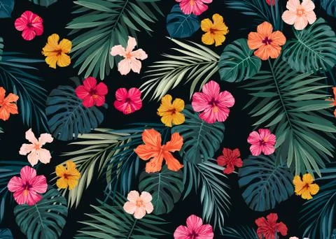 Seamless hand drawn tropical vector pattern with bright hibiscus flowers and Stock Illustration