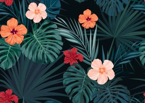 Seamless hand drawn tropical vector pattern with hibiscus flowers and exotic イラスト素材