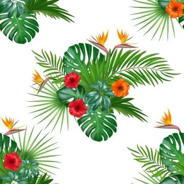 Seamless hand drawn tropical vector pattern with hibiscus flowers and exotic Stock Illustration