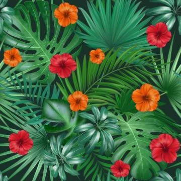 Seamless hand drawn tropical vector pattern with bright hibiscus flowers and Stock Illustration