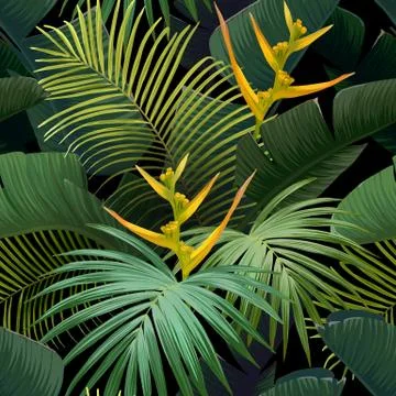 Seamless hand drawn tropical vector pattern with bird of paradise flowers and 스톡 일러스트