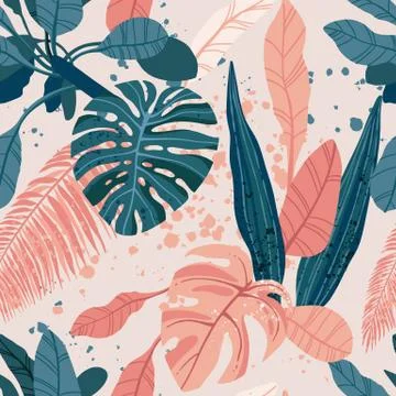 Seamless hand drawn tropical vector pattern with exotic palm leaves and various Stock Illustration