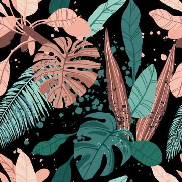 Seamless hand drawn tropical vector pattern with exotic palm leaves and various Stock Illustration