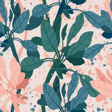 Seamless hand drawn tropical vector pattern with exotic palm leaves and various Stock Illustration