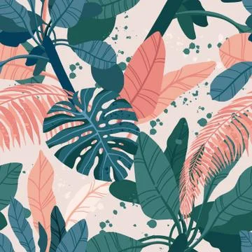 Seamless hand drawn tropical vector pattern with exotic palm leaves and various Illustrazione stock