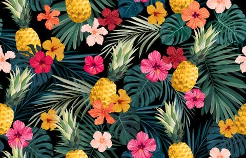 Seamless hand drawn tropical vector pattern with exotic palm leaves, hibiscus Stock Illustration