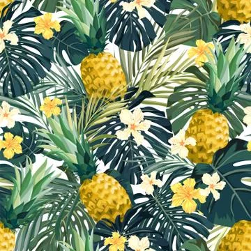 Seamless hand drawn tropical vector pattern with exotic palm leaves, hibiscus Stock Illustration