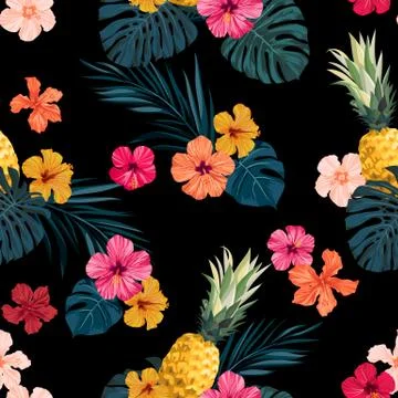 Seamless hand drawn tropical vector pattern with exotic palm leaves, hibiscus Stock Illustration