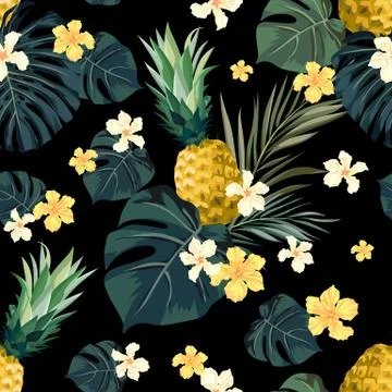 Seamless hand drawn tropical vector pattern with exotic palm leaves, hibiscus Illustrazione stock