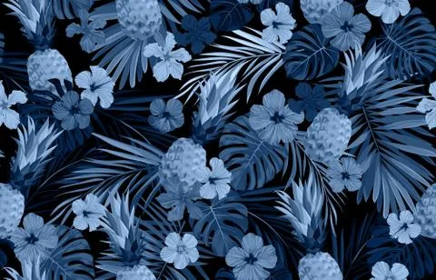 Seamless hand drawn tropical vector pattern with exotic palm leaves, hibiscus Stock Illustration
