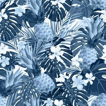 Seamless hand drawn tropical vector pattern with exotic palm leaves, hibiscus Stock Illustration