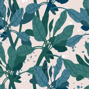 Seamless hand drawn tropical vector pattern with exotic palm leaves and various Stock Illustration