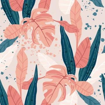 Seamless hand drawn tropical vector pattern with exotic palm leaves and various Stock Illustration