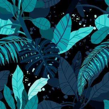Seamless hand drawn tropical vector pattern with exotic palm leaves and various Illustrazione stock