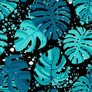 Seamless hand drawn tropical vector pattern with exotic palm leaves and various 库存插图