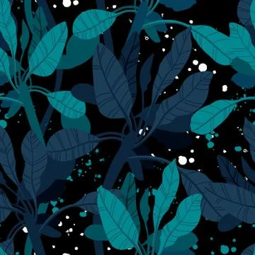 Seamless hand drawn tropical vector pattern with exotic palm leaves and various Illustrazione stock