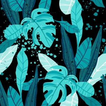 Seamless hand drawn tropical vector pattern with exotic palm leaves and various Illustrazione stock