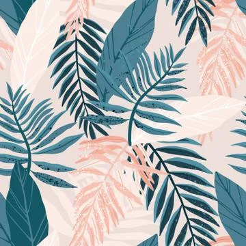 Seamless hand drawn tropical vector pattern with exotic palm leaves and various Stock Illustration