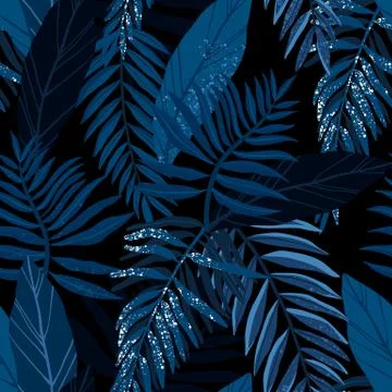 Seamless hand drawn tropical vector pattern with exotic palm leaves and various Illustrazione stock