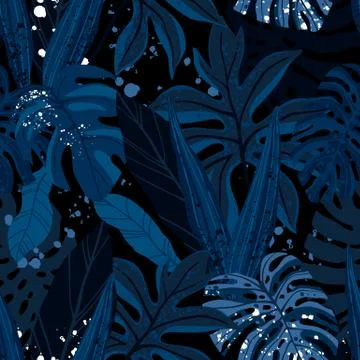 Seamless hand drawn tropical vector pattern with exotic palm leaves and various Stock Illustration