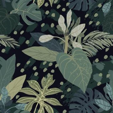 Seamless hand drawn tropical vector pattern with monstera and exotic palm leaves Stock Illustration