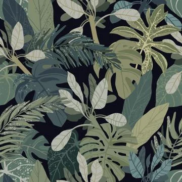 Seamless hand drawn tropical vector pattern with monstera and exotic palm leaves Illustrazione stock