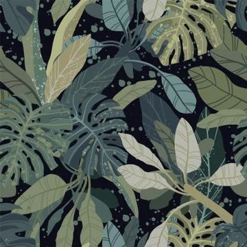 Seamless hand drawn tropical vector pattern with monstera and exotic palm leaves Illustrazione stock