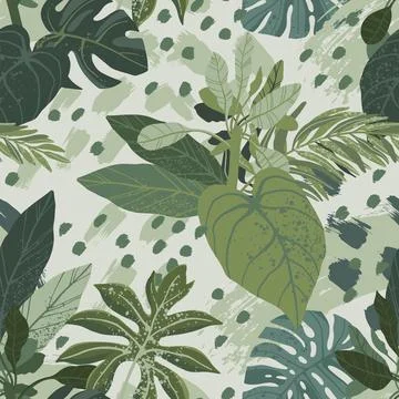 Seamless hand drawn tropical vector pattern with monstera and exotic palm leaves Stock Illustration