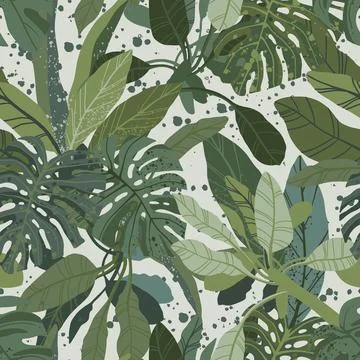 Seamless hand drawn tropical vector pattern with monstera and exotic palm leaves Stock Illustration