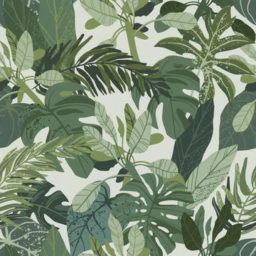 Seamless hand drawn tropical vector pattern with monstera and exotic palm leaves Illustrazione stock