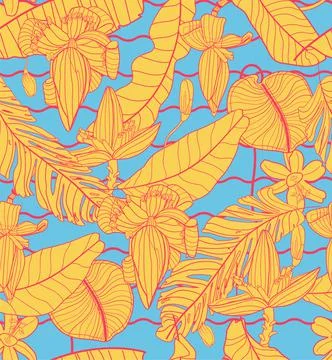 Seamless hand drawn tropical vector pattern with bright flowers, palm leaves Illustrazione stock