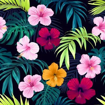 Seamless hand drawn tropical vector pattern with bright hibiscus flowers and Illustration