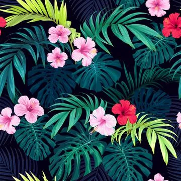 Seamless hand drawn tropical vector pattern with bright hibiscus flowers and 库存插图