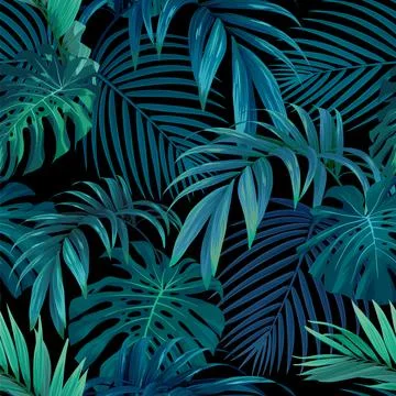 Seamless hand drawn tropical vector pattern with monstera palm leaves on dark Illustrazione stock