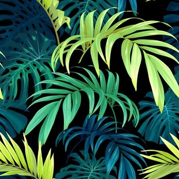 Seamless hand drawn tropical vector pattern with monstera palm leaves on dark Stock Illustration