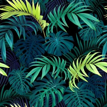 Seamless hand drawn tropical vector pattern with monstera palm leaves on dark Illustrazione stock