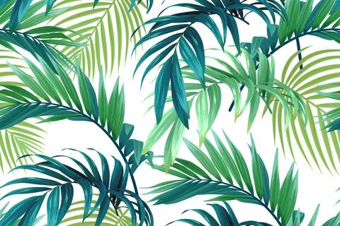 Seamless hand drawn tropical vector pattern with palm leaves. Illustrazione stock