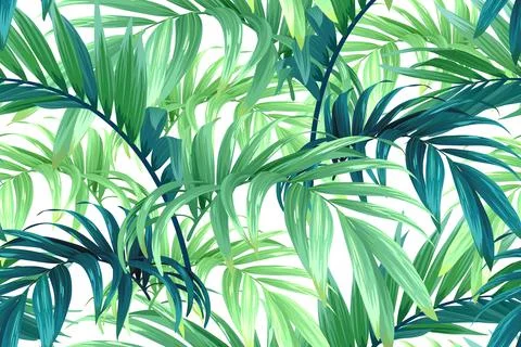 Seamless hand drawn tropical vector pattern with palm leaves. Stock Illustration