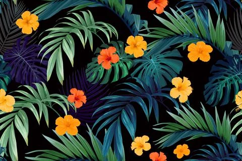 Seamless hand drawn tropical vector pattern with bright hibiscus flowers and Stock Illustration