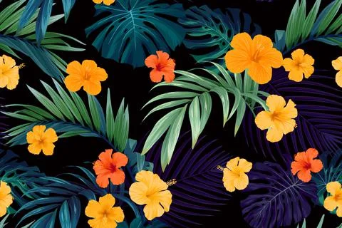 Seamless hand drawn tropical vector pattern with bright hibiscus flowers and Illustrazione stock
