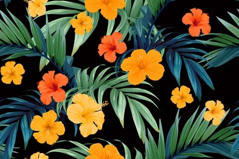 Seamless hand drawn tropical vector pattern with bright hibiscus flowers and Stock Illustration