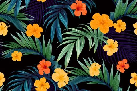 Seamless hand drawn tropical vector pattern with bright hibiscus flowers and 스톡 일러스트