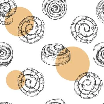 Seamless hand drawn vector pattern with cinnamon rolls Stock Illustration