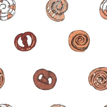 Seamless hand drawn vector pattern with cinnamon rolls and pretzel Stock Illustration
