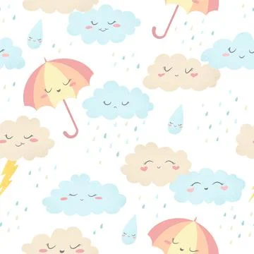 Seamless hand drawn vector pattern with cute cartoon clouds, umbrellas and ra Stockillustratie