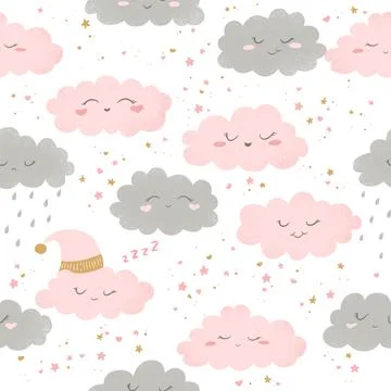 Seamless hand drawn vector pattern with cute pink and grey cartoon clouds and 库存插图